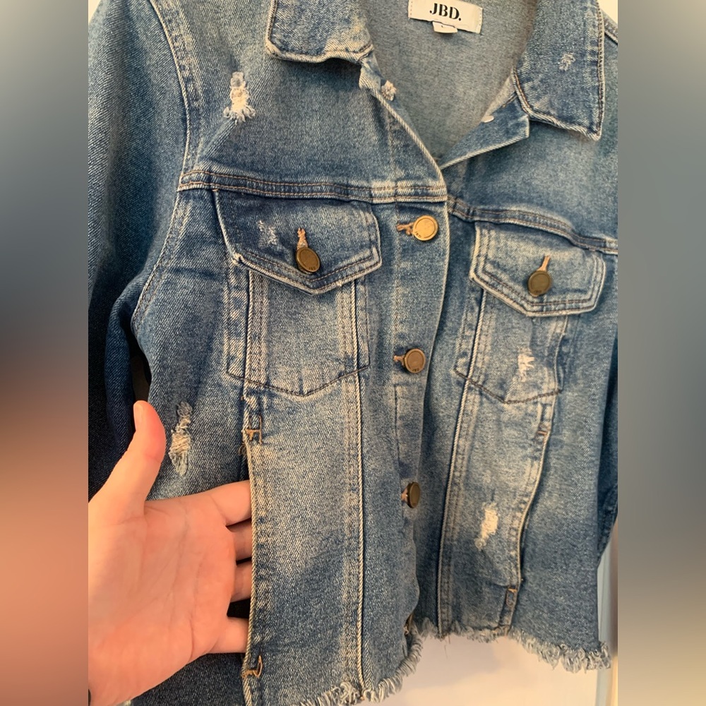 Just Black Denim Dark Wash Semi Destroyed Jean Jacket Front Pockets Crop - Large - Picture 5 of 10